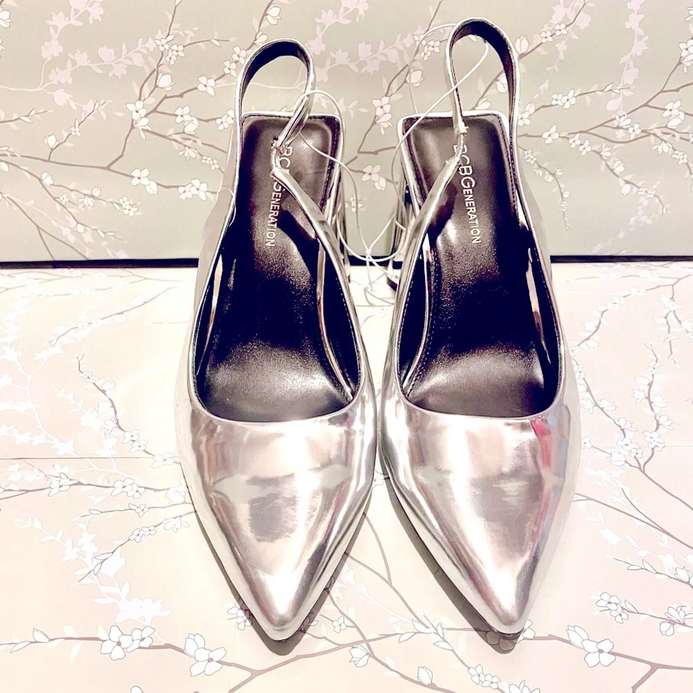 BCBGeneration Metallic Silver Slingback Pumps Women’s Size 8 New - Picture 6 of 6